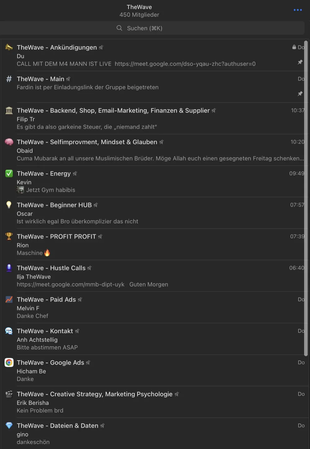 TheWave Untergruppen – Ankündigungen, Main, Backend, Energy, Beginner HUB, Profit, Hustle Calls, Paid Ads und mehr