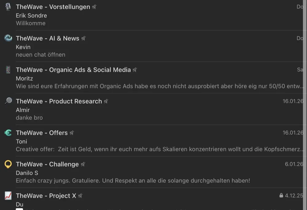 TheWave Untergruppen – Vorstellungen, AI & News, Organic Ads, Product Research, Offers, Challenge, Project X